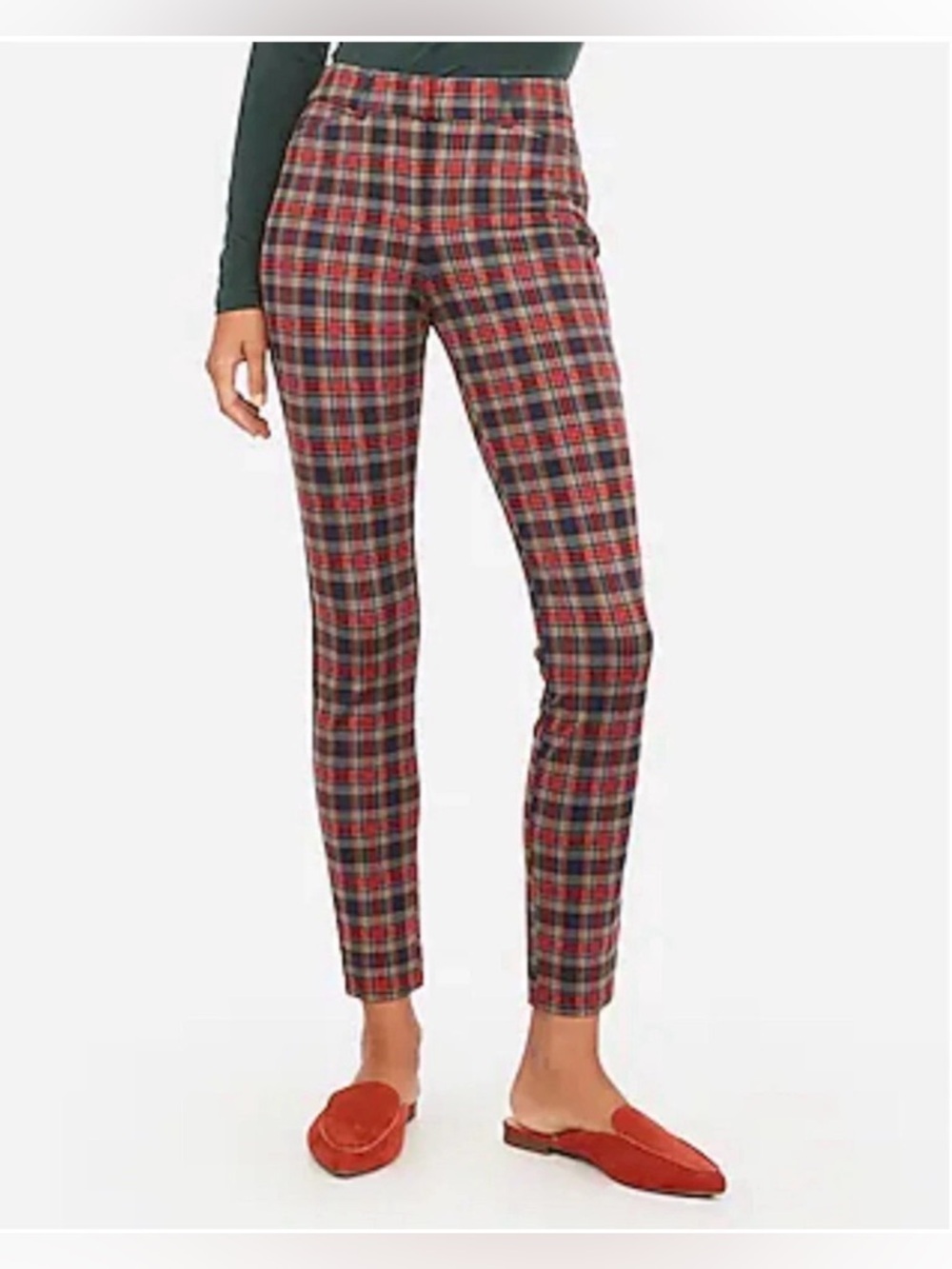 Express Red Multi Plaid Mid Rise Knit Skinny Dress Pants with Stretch - Size 0S